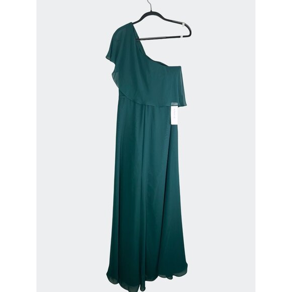 AZAZIE Pine A-Line One Shoulder Chiffon Maxi Formal Dress Ruffle Overlay Size 14 - Picture 9 of 14